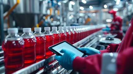 Closeup. Employee's hands using a tablet to collect data. And check the conveyor belt with juice or water bottles at a modern beverage factory.