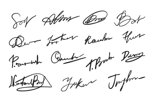 Autographs handwritten pen signatures documents. Hand signature templates, abstract autograph