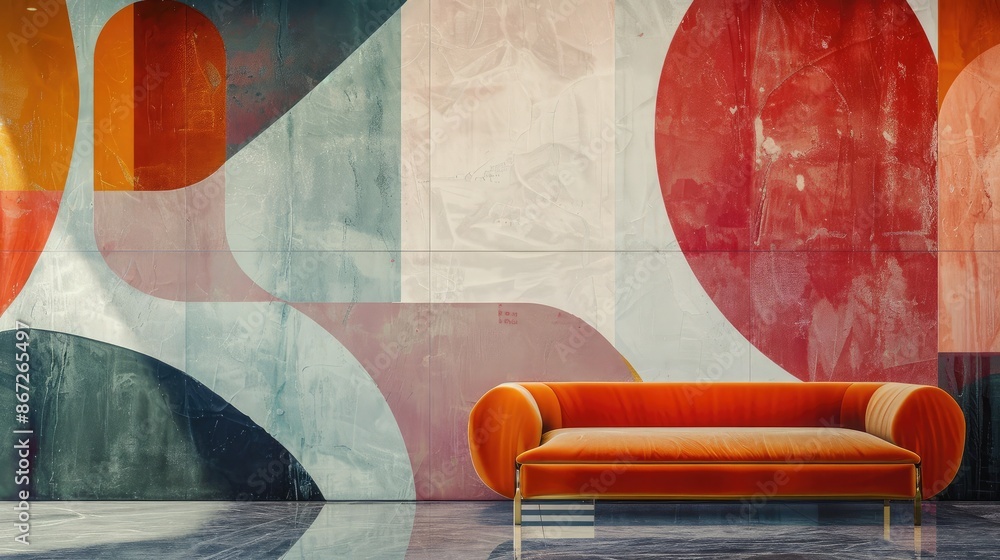 Poster abstract shapes in a minimalist color palette on a feature wall.