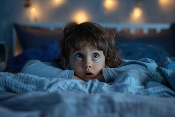 Young child lying awake in bed at night looking scared with bedroom lights in the background