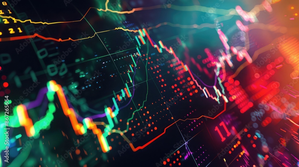 Poster abstract stock market chart with vibrant colors and dynamic lines.