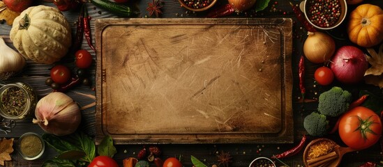 Vintage border made of vegetables and spices with a blank cutting board