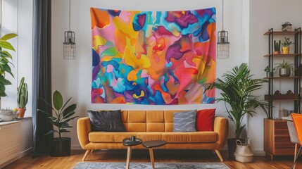 Abstract tapestry with vibrant hues hanging in a bohemian living space.
