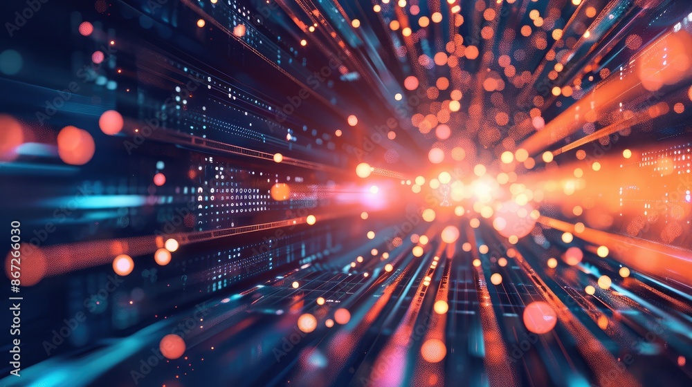 Poster abstract tech background with dynamic light trails and data symbols.
