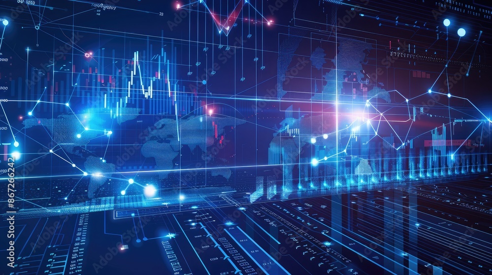 Poster abstract technology background with circuit lines and financial charts.