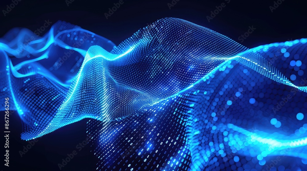 Poster abstract technology wave with bright blue lines and binary code.