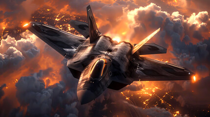 Modern technology fifth generation stealth fighter jet soaring high in the sky clouds fire sparks background war conflicts 