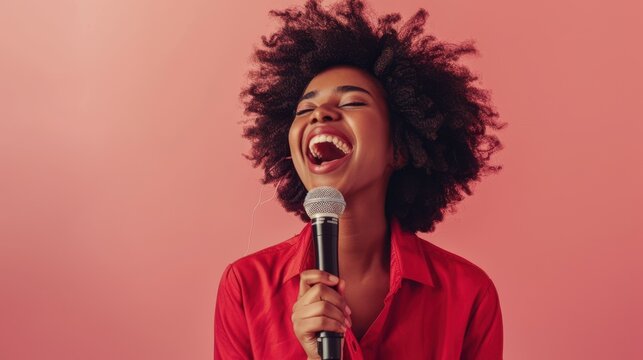 The joyful woman with microphone