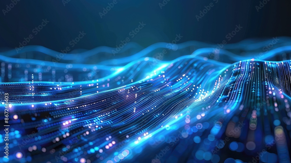 Poster abstract technology wave with bright blue lines and binary code.