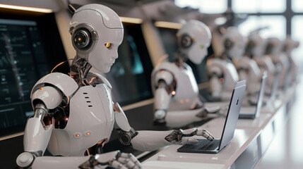 3D humanoid robot working on a laptop computer Concept of automation worker with cyborg Working in the office, the concept of using robots to do the work instead of people.