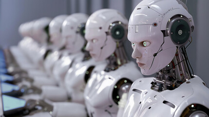 Fototapeta premium 3D humanoid robot working on a laptop computer Concept of automation worker with cyborg Working in the office, the concept of using robots to do the work instead of people.