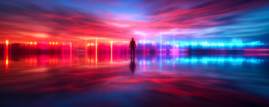 Abstract neon auroras flicker over a surreally distorted, otherworldly skyline 