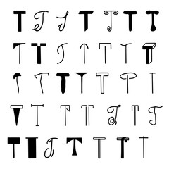 Set of letters T in different styles. Hand drawn lettering.