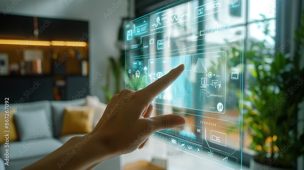 Poster close-up of a tablet hand with a smart home app to control various technology devices. artificial in