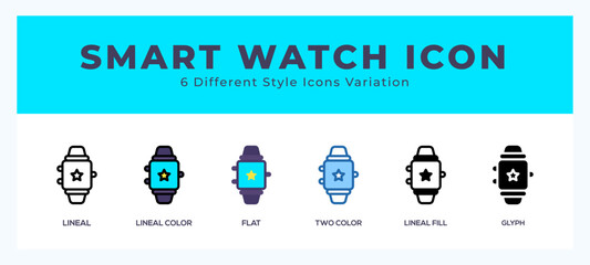 Smart watch icon set with different styles. Icons designed in filled. outline. flat. glyph and line colored.