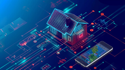 Illustration. 3D rendering of a modern house on a smartphone. IoT concept. Connecting and controlling a smart home with devices through a home network. Internet of doodle backgrounds