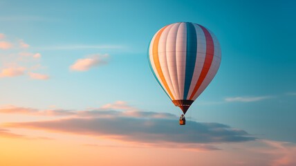 Fototapeta premium Colorful hot air balloon soaring over pastel sunset sky representing the adventure and freedom of travel 