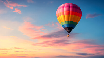 Fototapeta premium Colorful hot air balloon soaring over pastel sunset sky representing the adventure and freedom of travel 