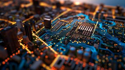 Complex semiconductor map intertwined with a colorful aerial view of Barcelonas cityscape at sunset 