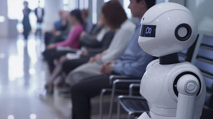 Job applicants sitting in the waiting room They are waiting for a job interview. A humanoid AI robot is sitting waiting for a job interview. AI vs. human competition.