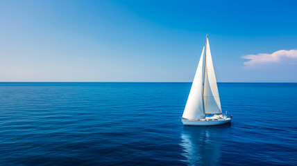 Obraz premium Crisp white sailboats gliding over deep blue ocean waters under a cloudless sunny sky, epitomizing perfect summer sailing 