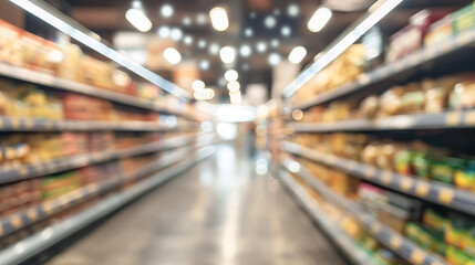 Blurred image of a grocery store or inside a supermarket with shelves of food products, aisles, rows of various products, vintage color tones, department store as background.