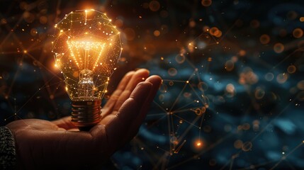 A Hand Holding a Glowing Light Bulb with Network Connections