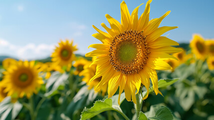 Endless golden sunflowers under a radiant blue sky, epitomizing summers vibrant beauty and warmth 