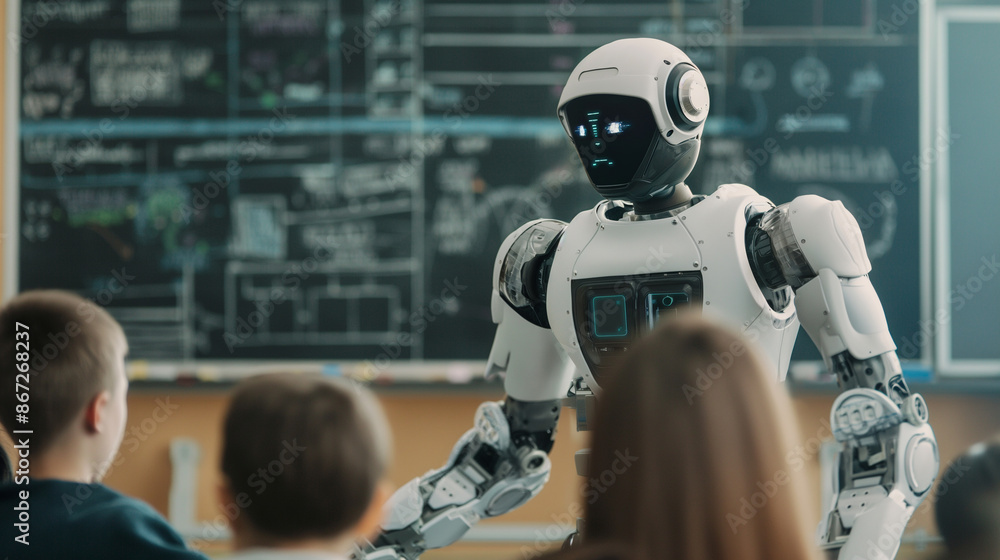 Poster a robot stands next to a blackboard in front of students. ideas about the benefits of a.i. while pre