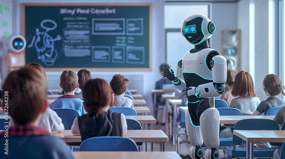 Poster a robot stands next to a blackboard in front of students. ideas about the benefits of a.i. while pre