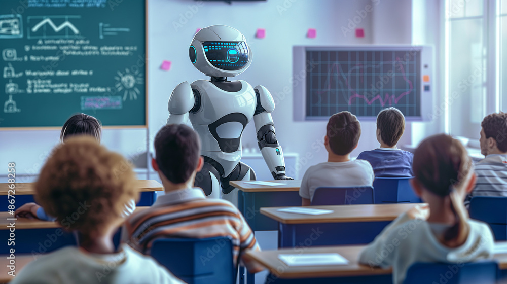 Poster a robot stands next to a blackboard in front of students. ideas about the benefits of a.i. while pre
