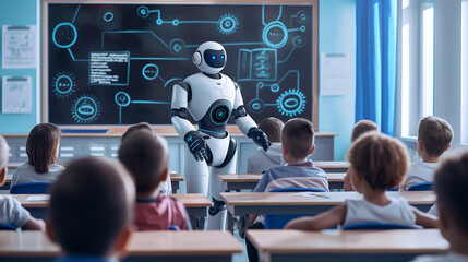 A robot stands next to a blackboard in front of students. Ideas about the benefits of A.I. while presenting software or technical information in lessons