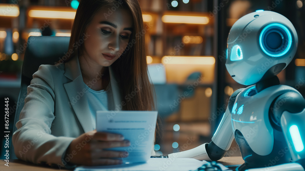 Aufkleber team of young business women and computer robots discuss future work with artificial intelligence. a