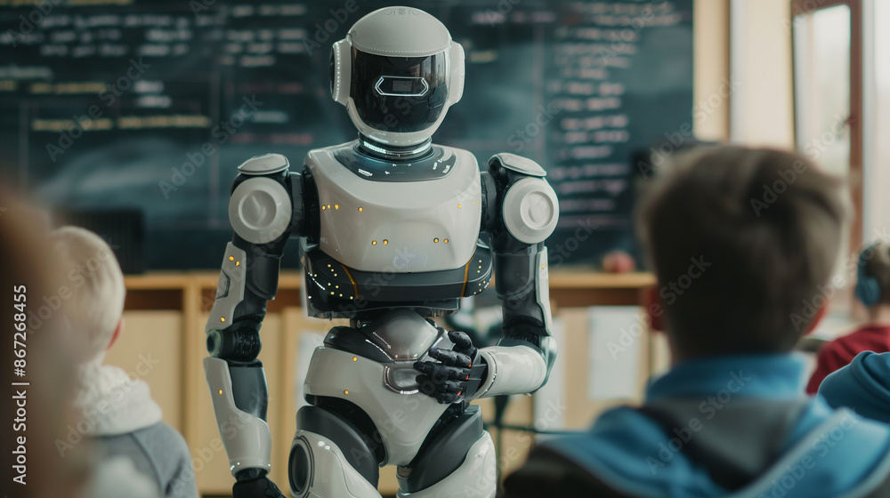 Poster a robot stands next to a blackboard in front of students. ideas about the benefits of a.i. while pre