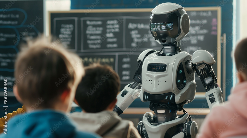 Poster a robot stands next to a blackboard in front of students. ideas about the benefits of a.i. while pre