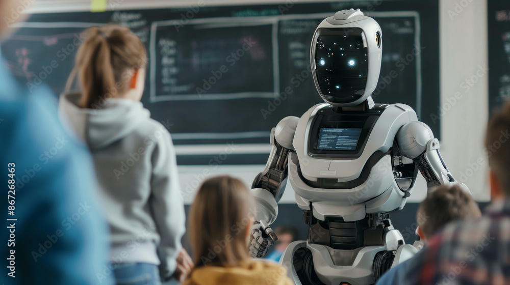 Poster a robot stands next to a blackboard in front of students. ideas about the benefits of a.i. while pre