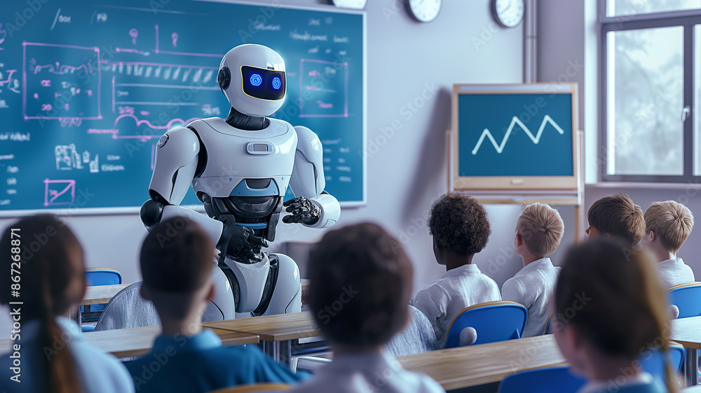 Poster a robot stands next to a blackboard in front of students. ideas about the benefits of a.i. while pre