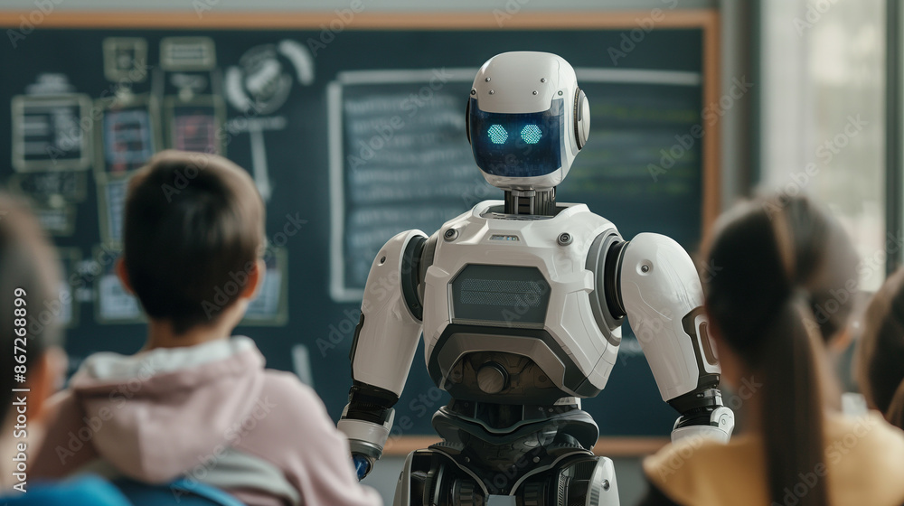 Poster a robot stands next to a blackboard in front of students. ideas about the benefits of a.i. while pre