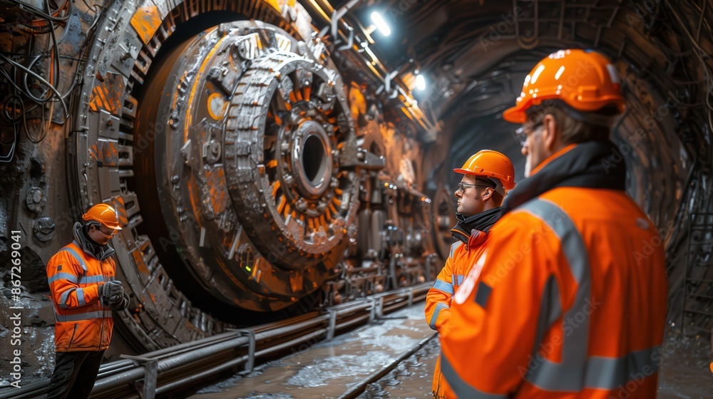 Poster engineers planning tunnel boring machine project. engineers and workers planning and discussing a tu