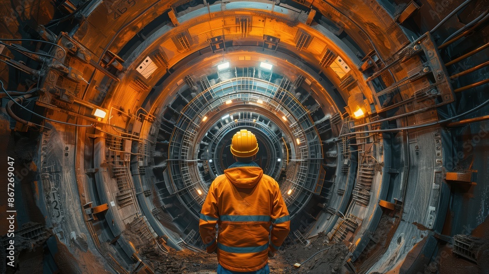 Poster worker in tunnel boring machine tunnel. worker standing inside a tunnel created by a tunnel boring m