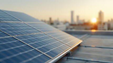 Obraz premium Close-Up of Solar Panels on Rooftop. Close-up of solar panels on a rooftop, capturing sunlight to generate electricity with a cityscape in the background.