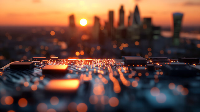 Luminous semiconductor map integrated with crisp aerial view of London skyline during golden hour 