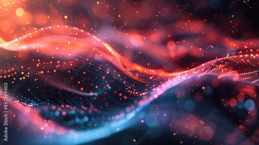 Poster abstract waves of light and particles, symbolizing wireless communication.