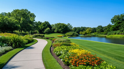 Obraz premium Peaceful riverside park with vibrant green trees and colorful flower beds under a clear blue sky 