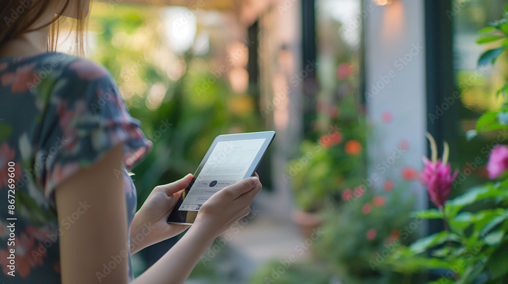 Poster close-up of woman holding tablet with smart home app to control various technology devices artificia