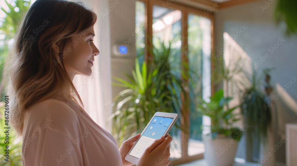 Poster close-up of woman holding tablet with smart home app to control various technology devices artificia