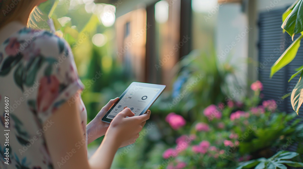 Poster close-up of woman holding tablet with smart home app to control various technology devices artificia