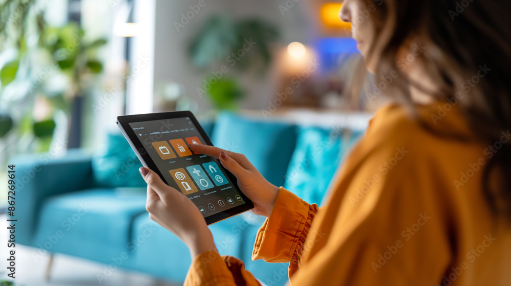 Aufkleber close-up of woman holding tablet with smart home app to control various technology devices artificia