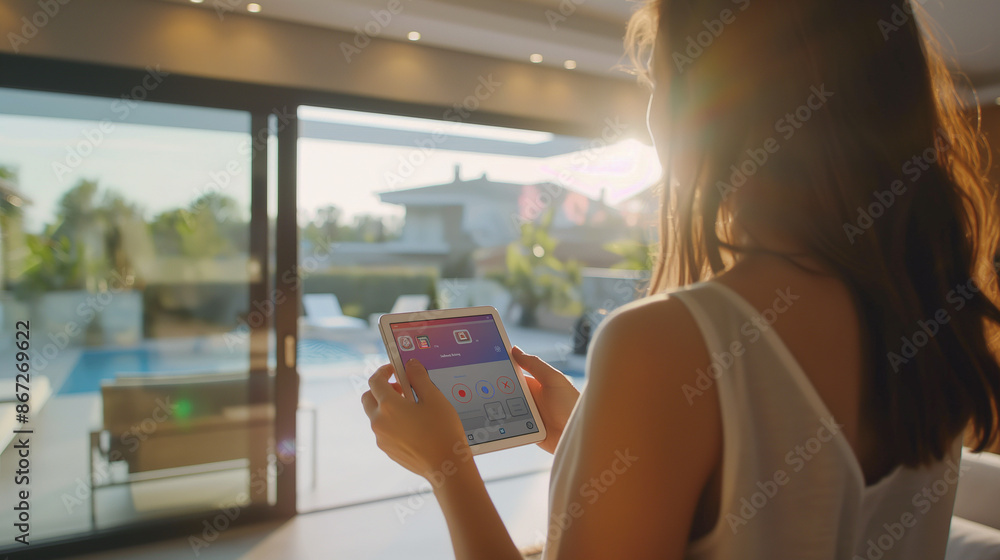 Poster close-up of woman holding tablet with smart home app to control various technology devices artificia