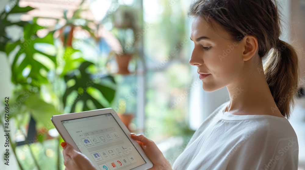 Poster close-up of woman holding tablet with smart home app to control various technology devices artificia